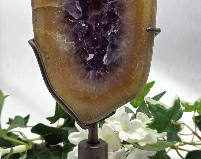 Uruguay Amethyst Agate Portal on Spinning Metal Stand | Fully Polished Crystal Geode Slice | Natural Amethyst Home Décor | Healing Stone