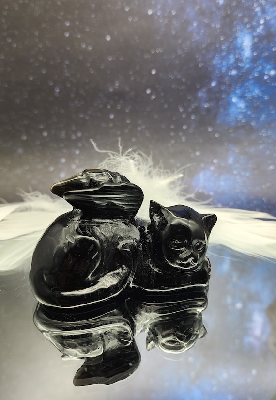 Black Obsidian Small Winged Angel Cat, Gemstone Memorial Angel Cat, Pet Loss Gift, Pet Remembrance Carving, Natural Crystal Energy