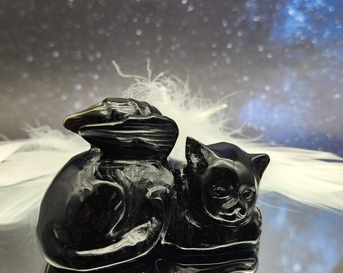 Black Obsidian Winged Angel Cat: Pet Memorial Carving