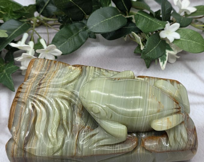 Large Afghan Serpentine Frog Carving on Stone Base, Nature Decor