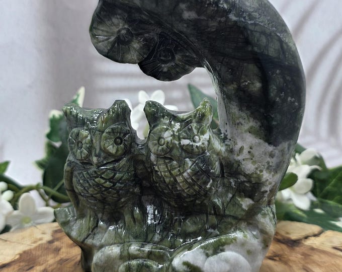 Xiuyan Jade Owl Pair Sculpture: Hand Carved Crescent Moon Nature Stone Decor