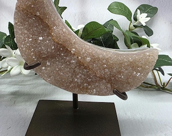 Pink Amethyst Crescent Moon on Stand • Natural Agate Druzy Carving from Uruguay • Crystal Home Décor • Healing Moon