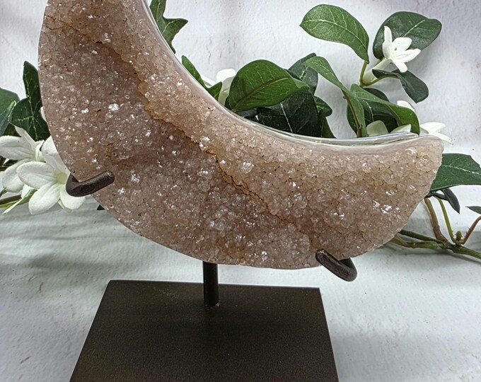 Pink Amethyst Crescent Moon on Stand • Natural Agate Druzy Carving from Uruguay • Crystal Home Décor • Healing Moon