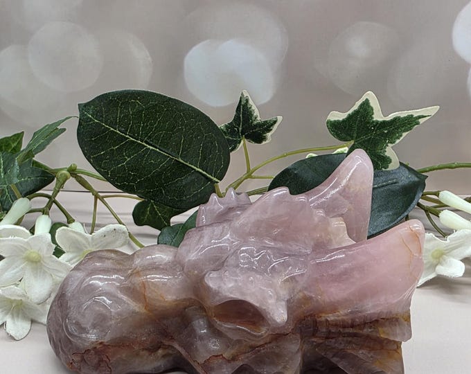 Hand Carved Rose Quartz Dragon Head | Golden Healer Iron Oxide Inclusions (4.5" L)