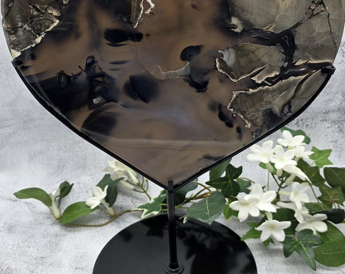 XL UV Reactive Volcano Agate Heart Sculpture • Polished Crystal Art Display, Custom Stand