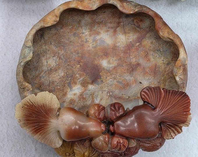 Hand Carved ShouShan Stone Brush Bowl, Koi Goldfish Trinket Dish, Natural Stone Carving