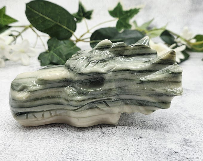 Hand Carved Striped Jade Dragon Head | Fantasy Stone Sculpture (5" L)