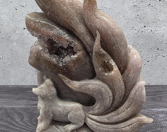 Pink Amethyst Nine-Tailed Fox Carving with Druzy | Hand Carved Kitsune Crystal Sculpture