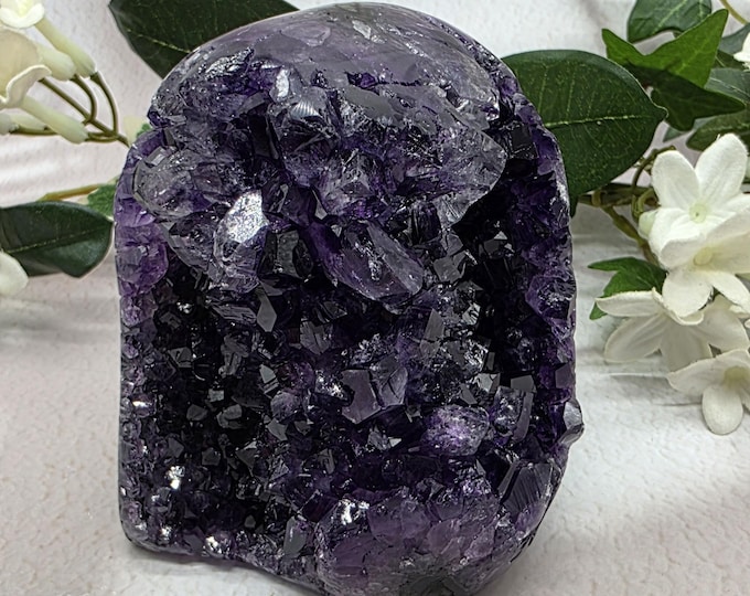 AAA Double-Sided Amethyst Geode from Uruguay | Deep Purple Amethyst Crystal Cut Base | Natural Crystal Display | Healing Stone Décor Gift