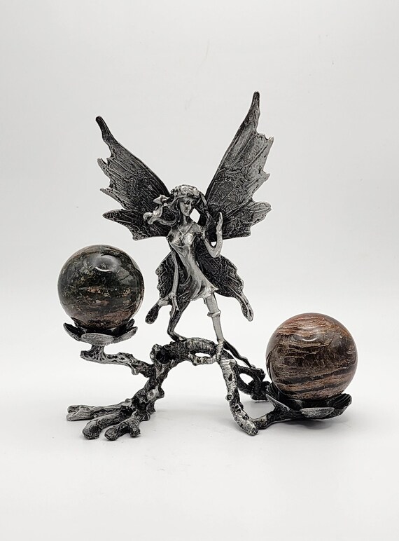Whimsical Garden Fairy Double Sphere Holder, Garden Quartz Spheres Included, Nature's Guardian Fairies