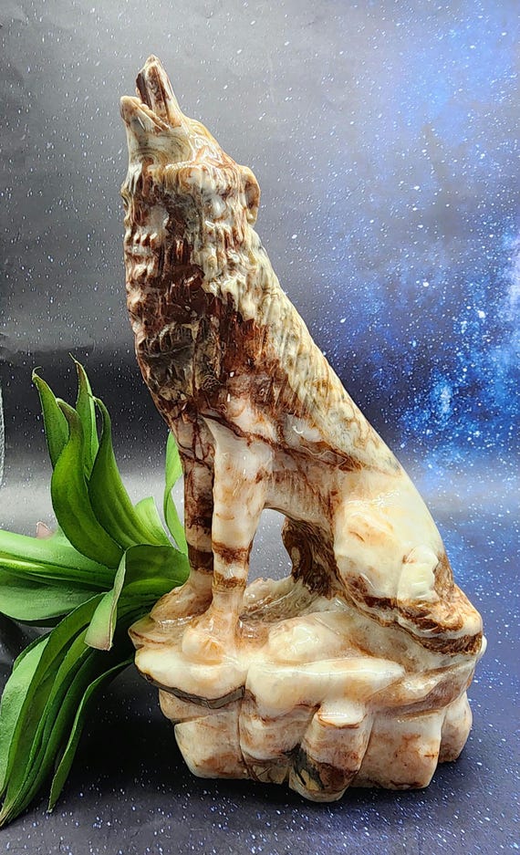 Large Amber Calcite Wolf Statue, Hand-Carved Crystal Wolf Figure, Wolf Energy Healing, Calcite Wolf