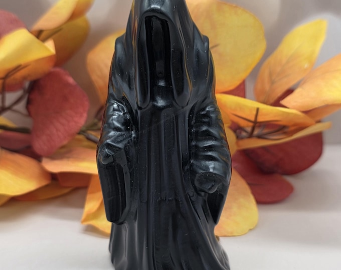 Polished Black Obsidian Grim Reaper Carving, Gothic Halloween Crystal Figurine