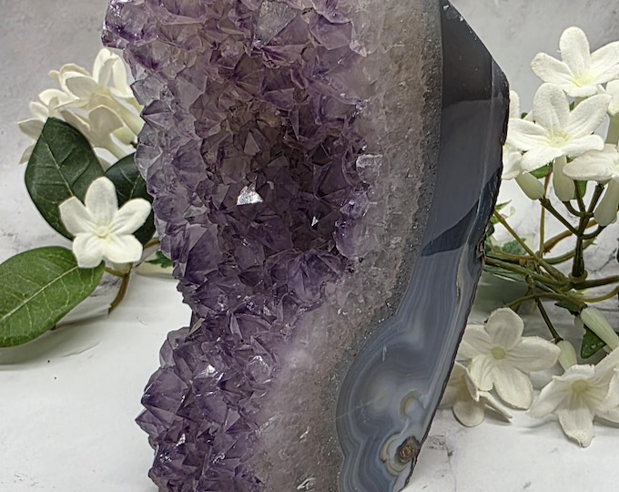 Uruguay Agate-Backed Amethyst Cathedral • Polished Agate Face • Lavender Crystal Cluster • Natural Geode Display • Healing Crystal Decor