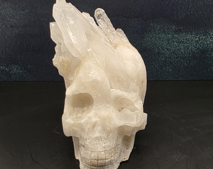 Clear Quartz Skull Sculpture | Natural Crystal Cluster Carving, Gothic Decor