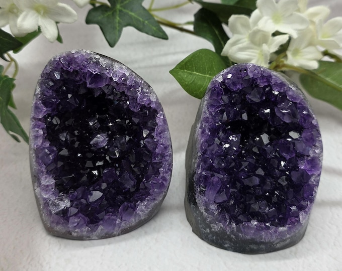 Uruguayan Amethyst Geode Pair | Deep Purple Crystal Home Decor