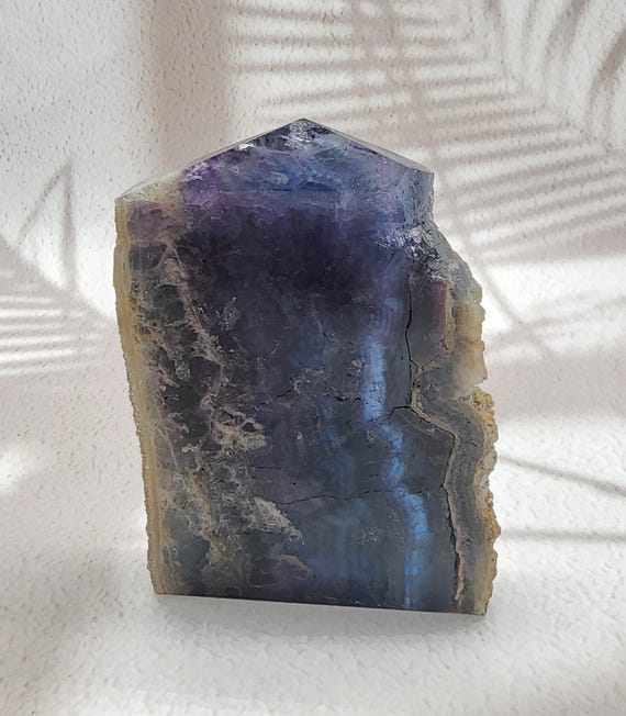 UV Reactive Fluorite Slab Tower with UV Red Banding – Deep Blue, Purple & Green – Fluorescent Crystal with Stand – 1 lb 3 oz Display Piece