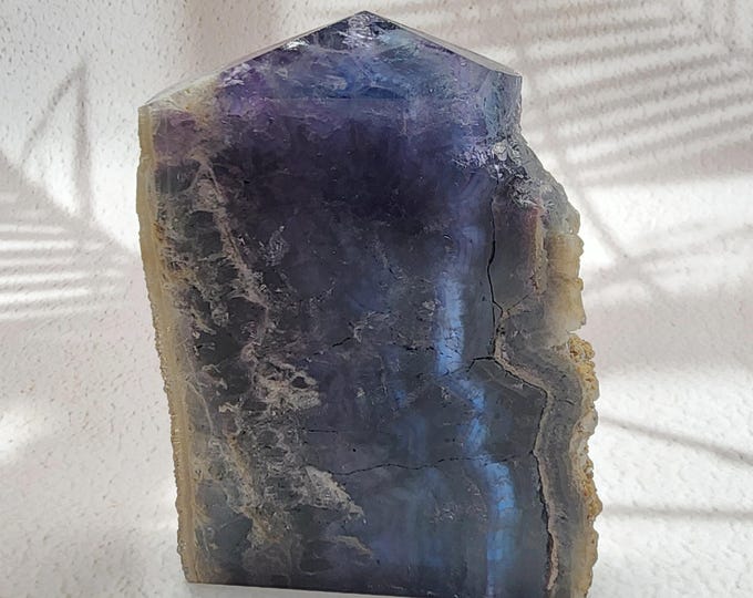 UV Reactive Fluorite Tower Slab: Red Banding Crystal Display Piece