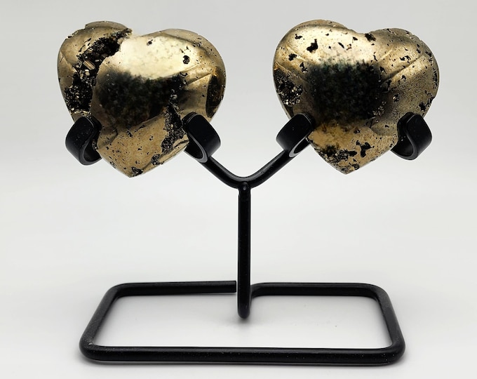 Pyrite Puffy Heart Dueo With Double Stand, Druzy Pyrite Hearts