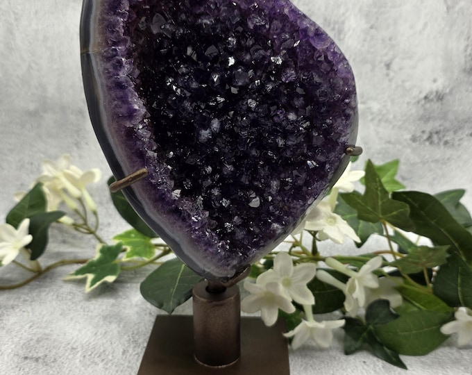 Amethyst Cluster AAA Deep Purple Uruguay Amethyst On  Complimentary Metal Spinning Stand, Natural Crystal Cluster Geode