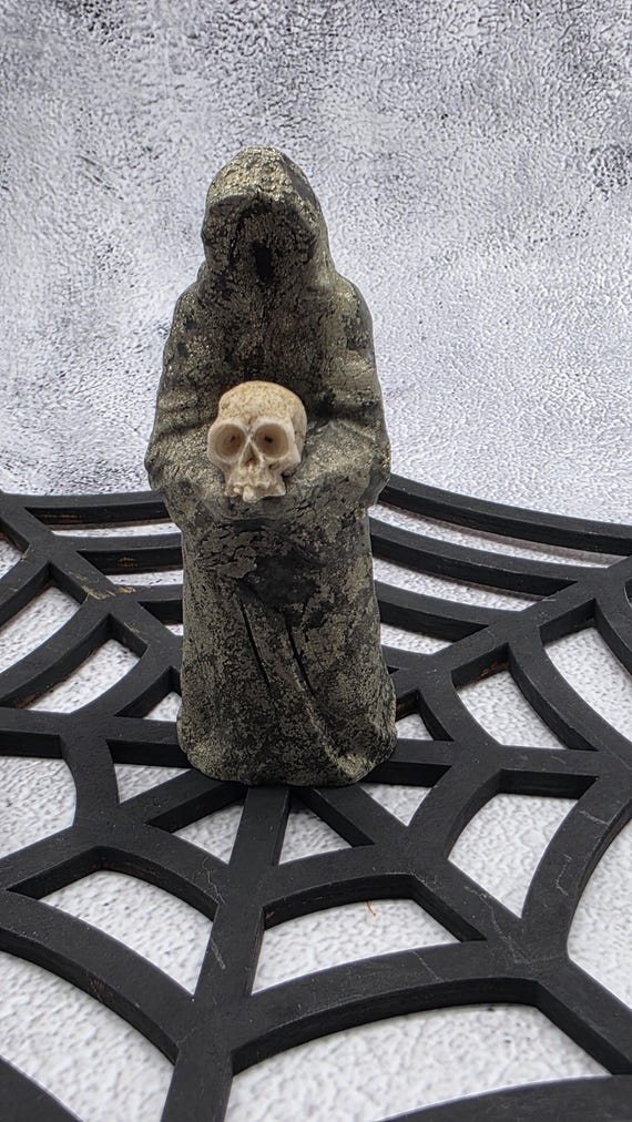 Pyrite Grim Reaper Holding Skull, Hand Carved Halloween Statue | Crystal Reaper Figurine | Gothic Decor | Protection & Transformation