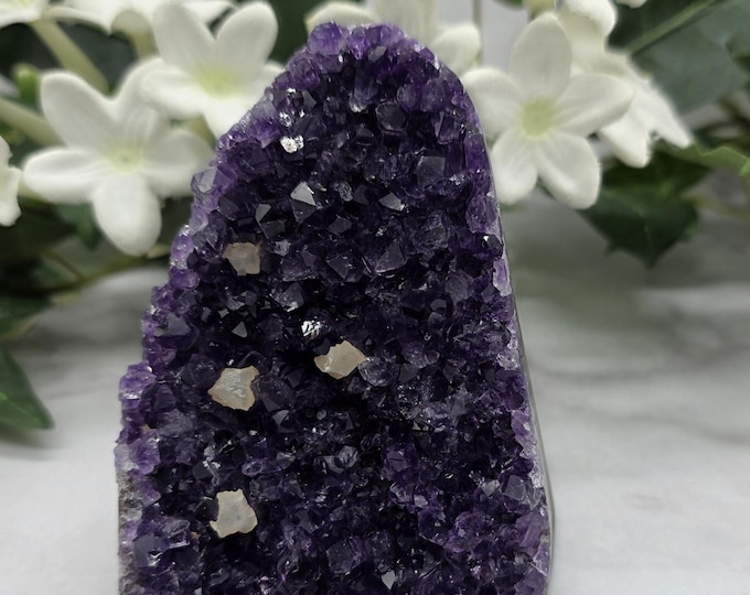 Uruguay Amethyst with Calcite Druzy Freeform Natural Amethyst Crystal Display | Small Cut Base Specimen | Healing Crystal Décor Gift