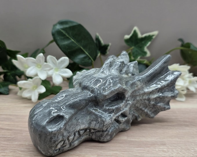 Hand Carved Picasso Jasper Dragon Head | Gray Jasper Fantasy Decor (5" L)