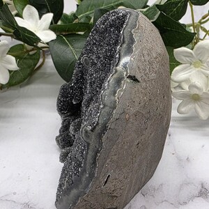 May include: A dark gray geode with a sparkling, crystal-like interior. The geode has a rough, textured exterior and a smooth, polished edge. White flowers and green leaves are in the background.