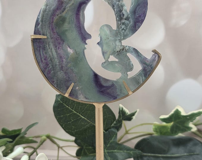 Hand Carved Fluorite Fairy on Crescent Moon, Fantasy Gemstone Display (Gold Stand)