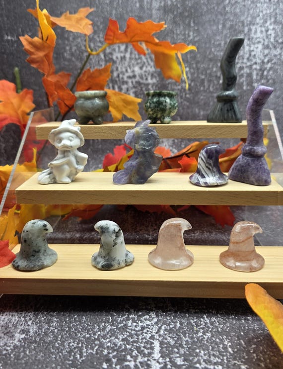 Crystal Halloween Lot 11pc Mini Witch Hats, Witch Cats, Cauldrons, Witch Brooms  Carved Gemstone Decor in Amethyst, Fluorite, Jasper Plus