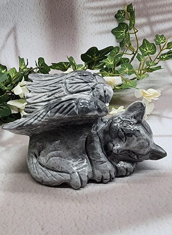 Picasso Jasper Winged Angel Cat, Gemstone Memorial Angel Cat Statue, Pet Loss Fiqure Gift, Pet Remembrance Carving, Natural Crystal Energy