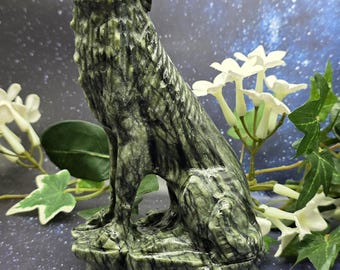 Xiuyan Jade Howling Wolf Carving • Hand Carved Jade Wolf Statue • Natural Jade Animal Totem • Wolf Spirit Guide Decor