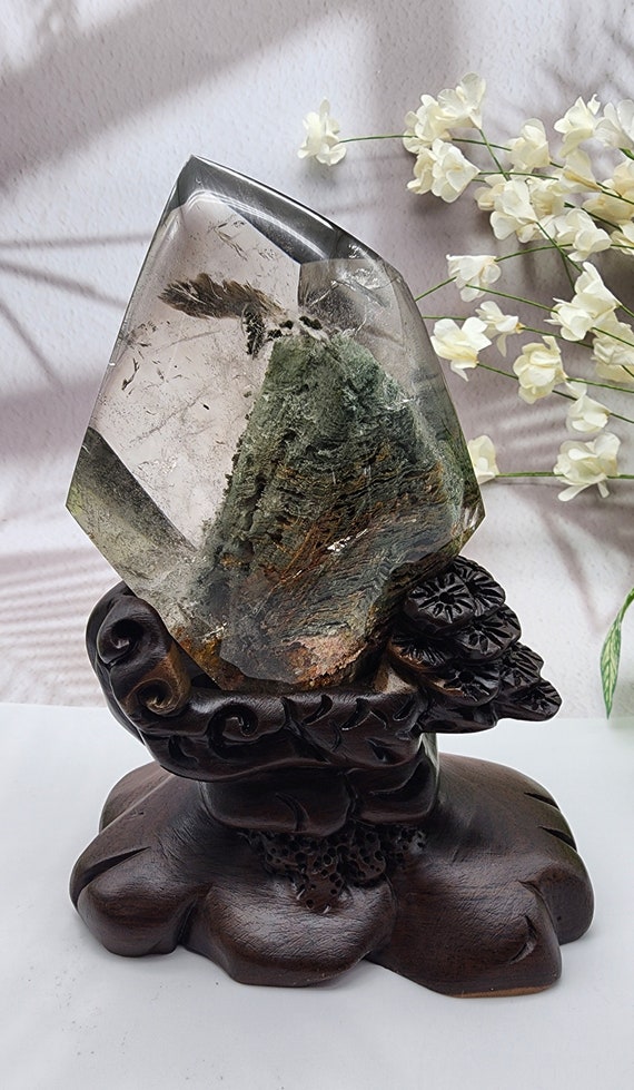 Garden Quartz Freeform with Mountain And Rainbow Inside, On Complimentary Custom Wood Stand Truly a one-of-a-kind piece.
