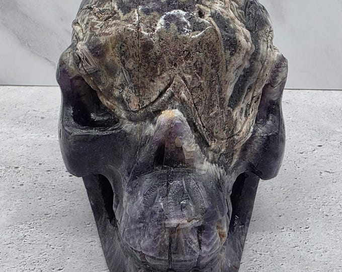 Hand Carved Amethyst Agate Skull | Natural Druzy Cluster Display