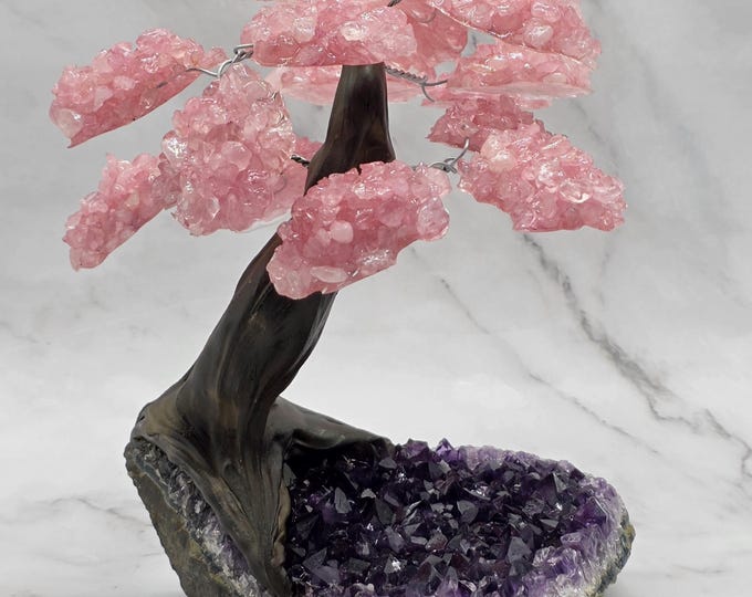 XL Amethyst Cluster Tree Sculpture With Rose Quartz Leaves | Handmade Crystal Bonsai Décor | 15 Leaf