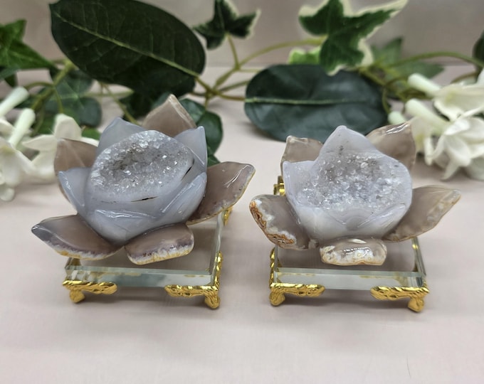Set of 2 Druzy Agate Lotus Flowers Quartz Crystal Geode Carvings with Glass Stands