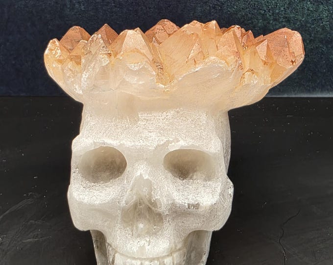 Orange-Toned Clear Quartz Crystal Skull | Hand Carved Natural Quartz Crown Sculpture
