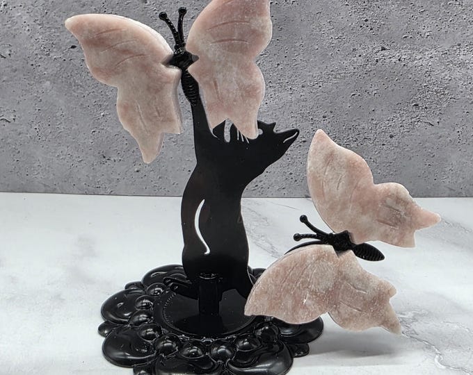 Hand-Carved Pink Opal Butterfly Cat Sculpture, Metal Home Decor