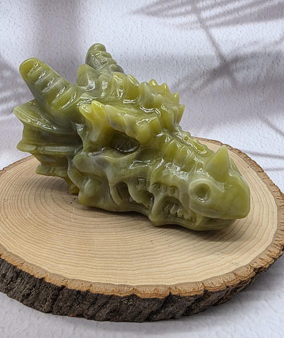Lemon Jade Dragon Skull, Hand Carved Crystal Skull, Dragon Spirit Protection Stone, Fantasy Crystal Carving, Unique Gift