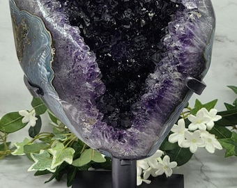 XL Uruguay Amethyst & Agate Geode on Rotating Stand 17.4 lbs Deep Purple Crystal Collector Statement Large Amethyst Display Specimen