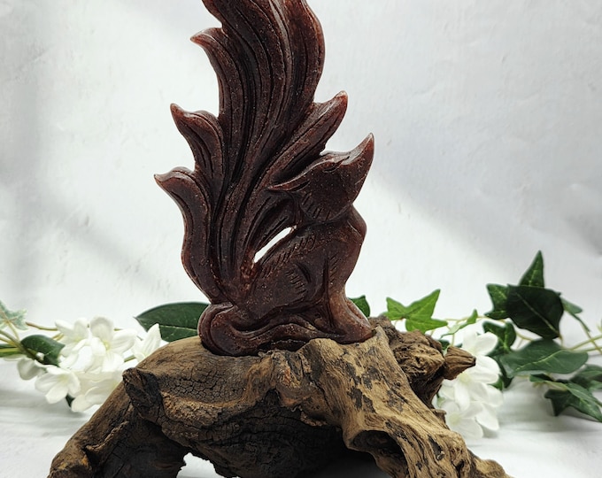 Peach Garnet Nine-Tailed Fox Carving on Wood Root Stand, Crystal Fox Display