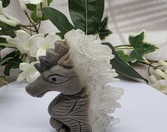 Hand-Carved Quartz Cluster Seahorse • Natural Crystal Seahorse Sculpture • Raw Quartz Points • Ocean Spirit Carving • Unique Crystal Art