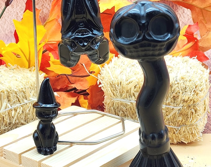 Hand-Carved Black Obsidian Set: Witch Broom, Bat, Cat - Gothic Halloween Decor