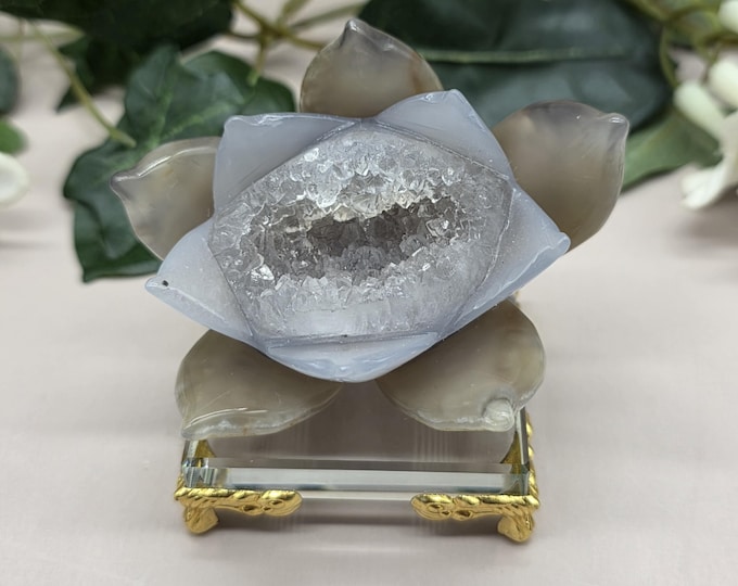 Hand-Carved Druzy Agate Lotus Flower, Quartz Center, Glass Stand (3" x 2")