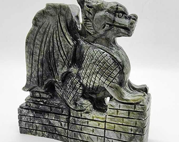 Hand Carved Xiuyan Jade Dragon Statue: Mystical Castle Wall Decor