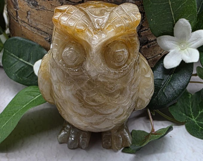 Golden Healer Quartz Owl Hand Carved Crystal Figurine, Healing Stone of Wisdom And Light, Gemstone Animal Carving Gift