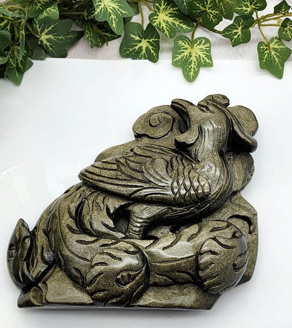 Majestic Golden Obsidian Phoenix Sculpture, A Masterpiece of Strength, Renewal, and Timeless Elegance, Hand Carved Nature's Art