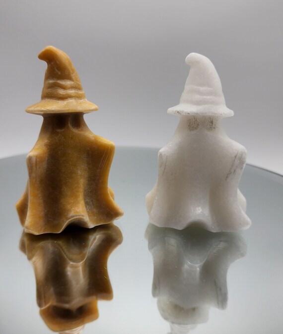 Yellow Jade Ghost, White Jade Ghost, Hand Carved Gemstone Set, Halloween Decoration, Halloween Ghost Decor, Jade Ghost