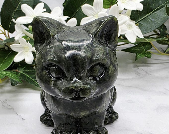 Xiuyan Jade Cat Statue Carving | Green Jade Kitty Figurine | Crystal Cat Memorial Gift | Small Jade Animal Sculpture | Cat Lover Decor