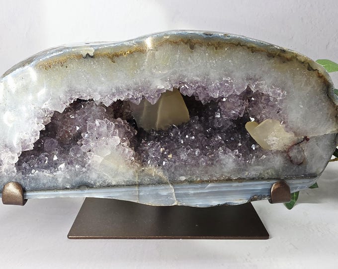 XL Uruguay Amethyst Geode with Calcite And Red Mica on Custom Metal Stand  Polished Amethyst Agate Geode, Crystal Home Décor, Collector’s