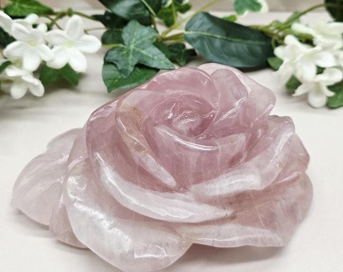 Large Rose Quartz Rose Crystal Flower Carving 2.5 LB with White Light Display Stand